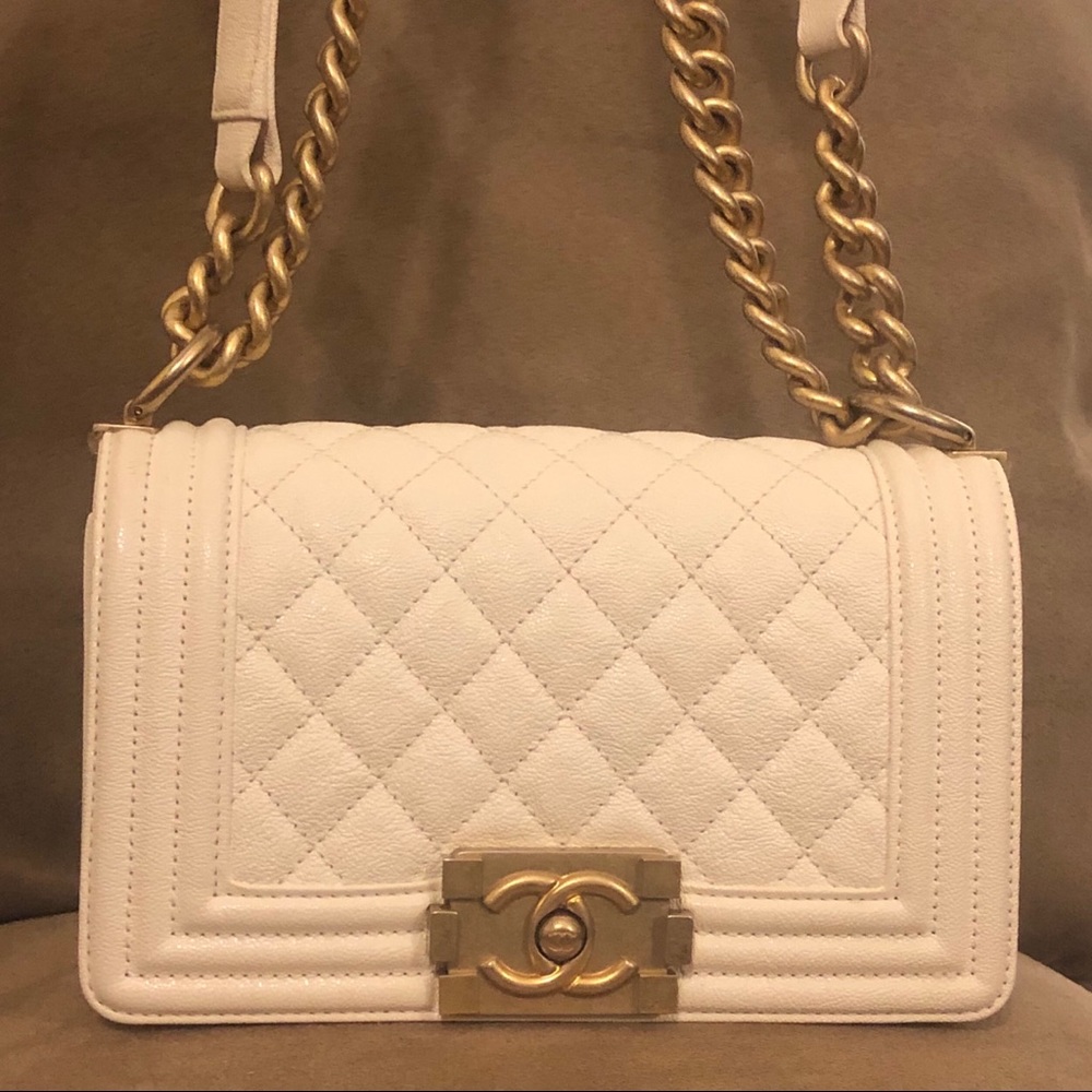 Chanel Small Le Boy White Gold Caviar Bag
